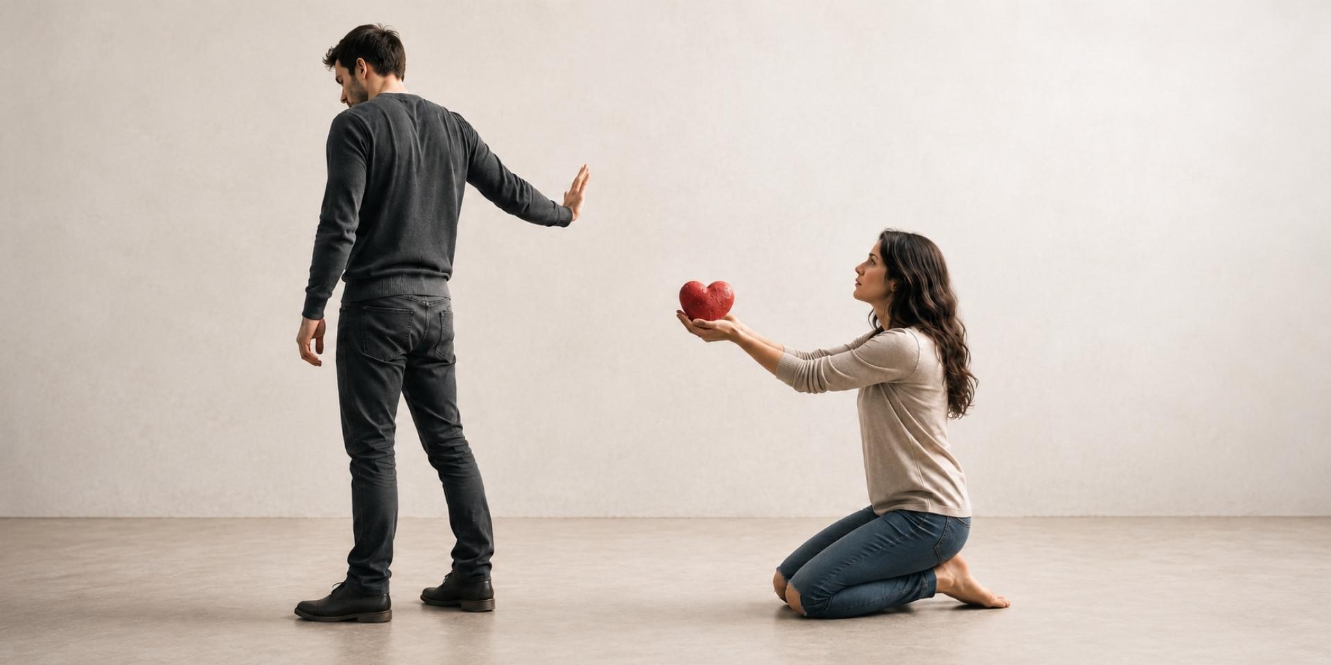 A woman sitting on her knees and offering a dismissive man her heart.