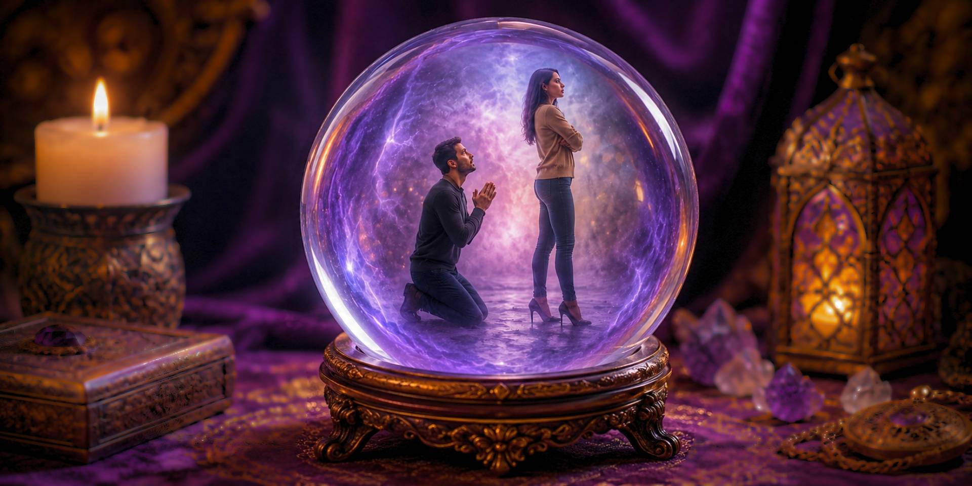 Crystal ball with a man begging a woman for forgiveness.