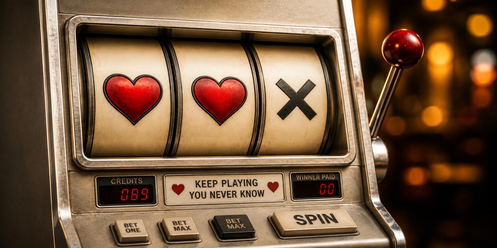 Slot machine with 2 hearts and a cross.