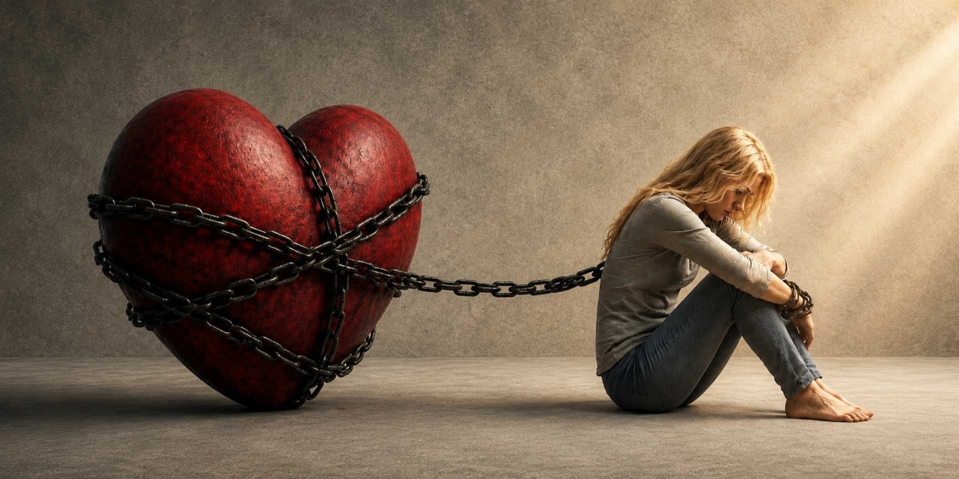 Woman chained to a giant heart