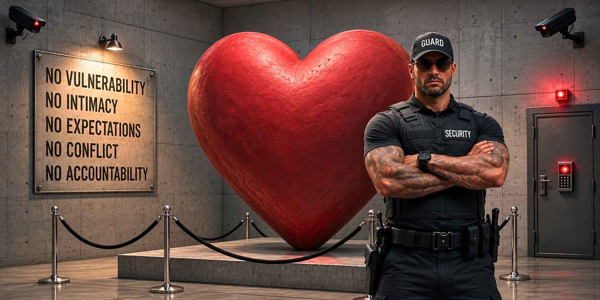 Dismissive avoidant security guard protecting a heart.