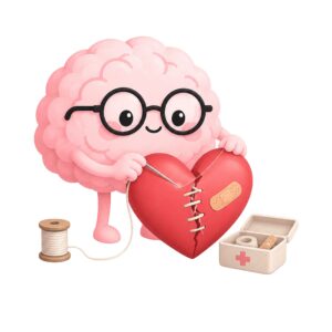 Cute Brain character mending a broken heart