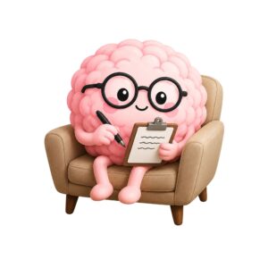 Cute brain sitting on a brown chair taking notes.