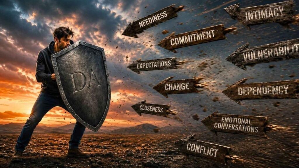 A dismissive avoidant man holding a shield to protect himself from flying trigger signs.