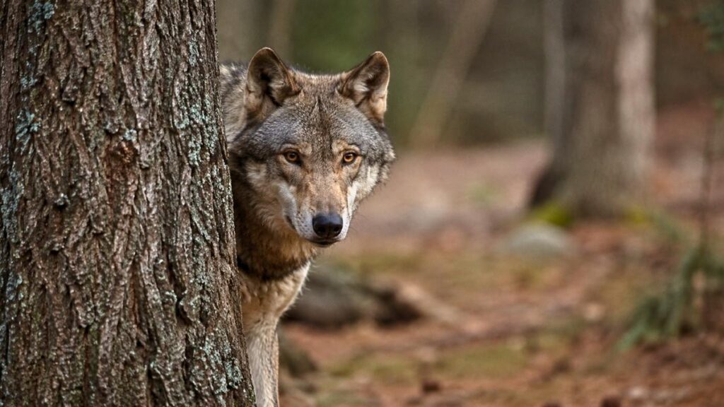 A lone wolf emerging from behind a tree.