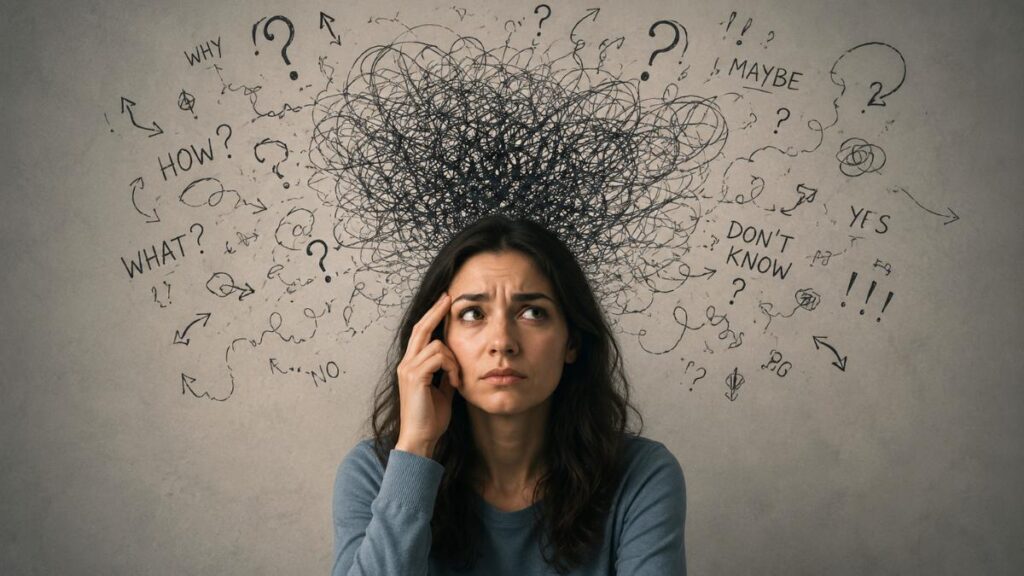 Confused woman with scribble and lots of thoughts above her head.