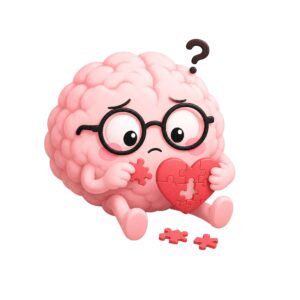 Cute and confused brain trying to solve a heart puzzle.