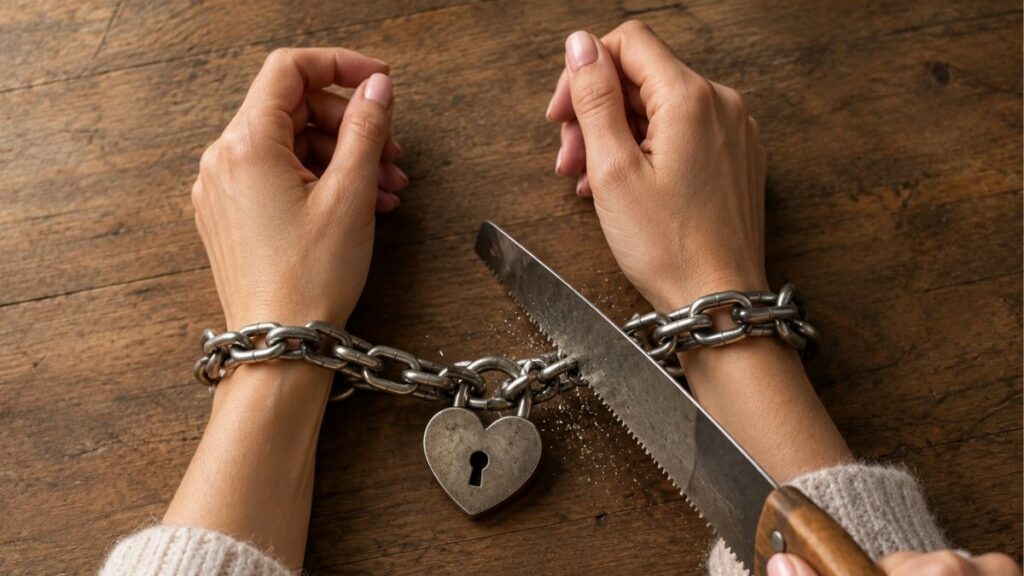 A woman's hands chained together with a heart padlock.