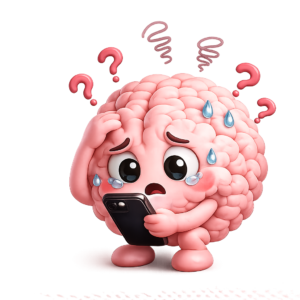Confused brain looking at his phone.