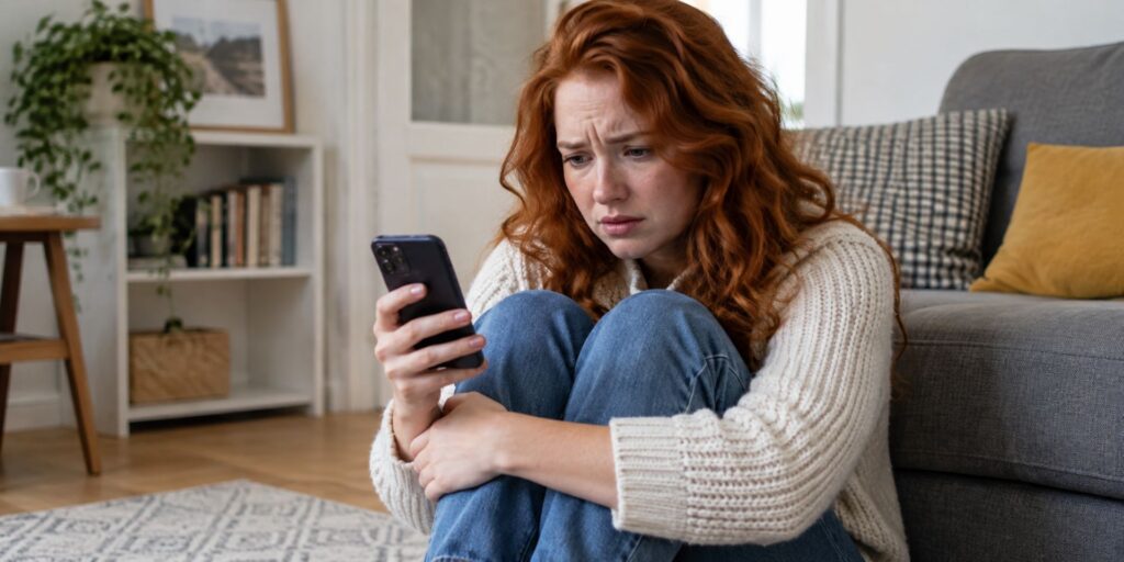 Woman looking anxiously at her phone.