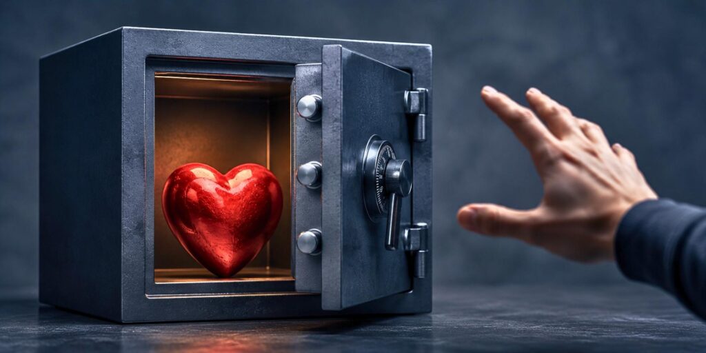 A red heart inside a safe.