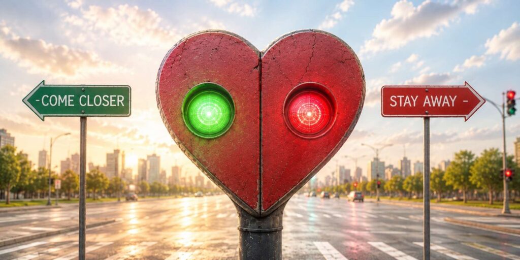 A big red heart with a grenn light and red light showing at the same time.