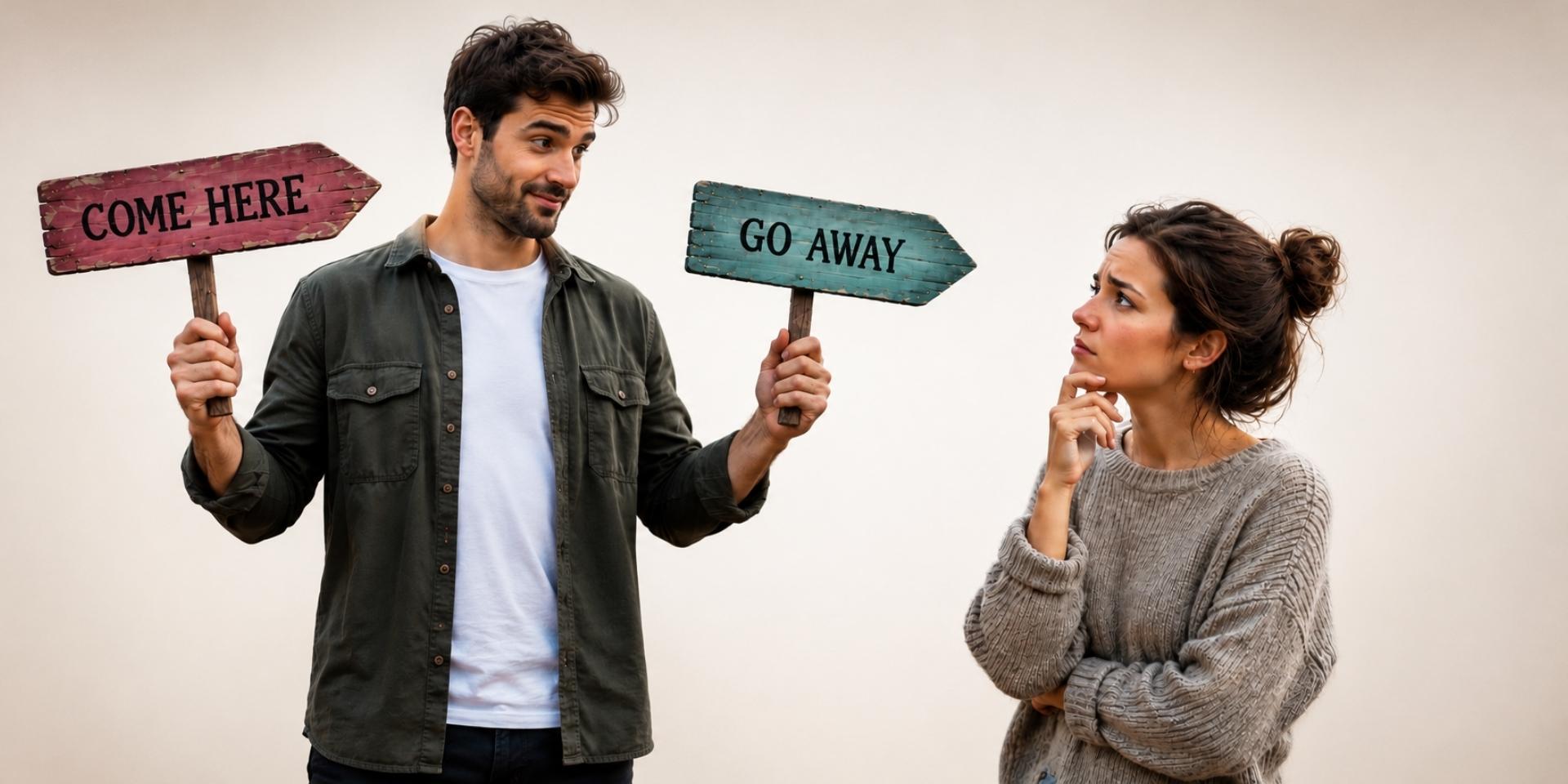 A woman looking confused at a man holding 2 contradictory signs at the same time.