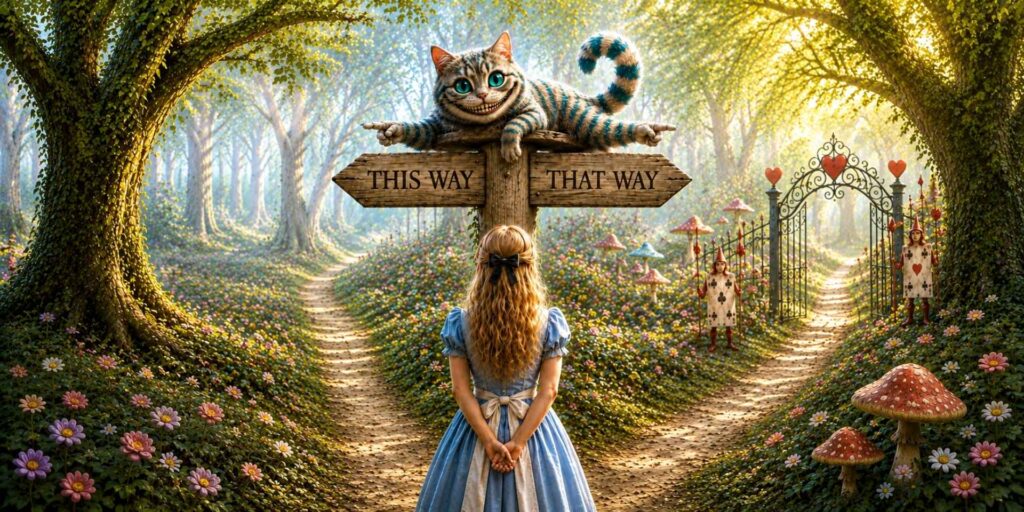 Alice looking at a sign pointing in opposite directions.