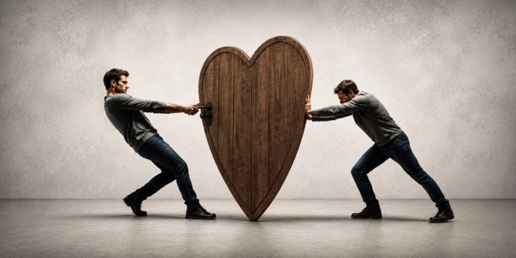2 men pushing and pulling a wooden heart.