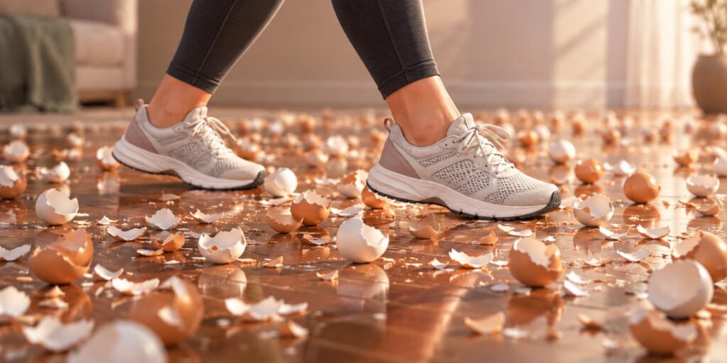 Woman walking on a floor of eggshells