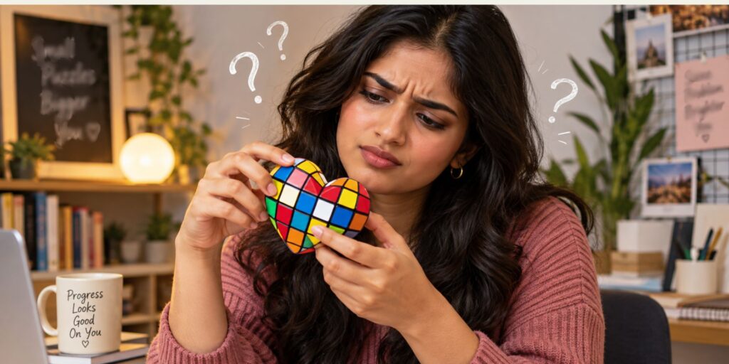 Woman trying to solve a confusing heart-shaped Rubik's cube