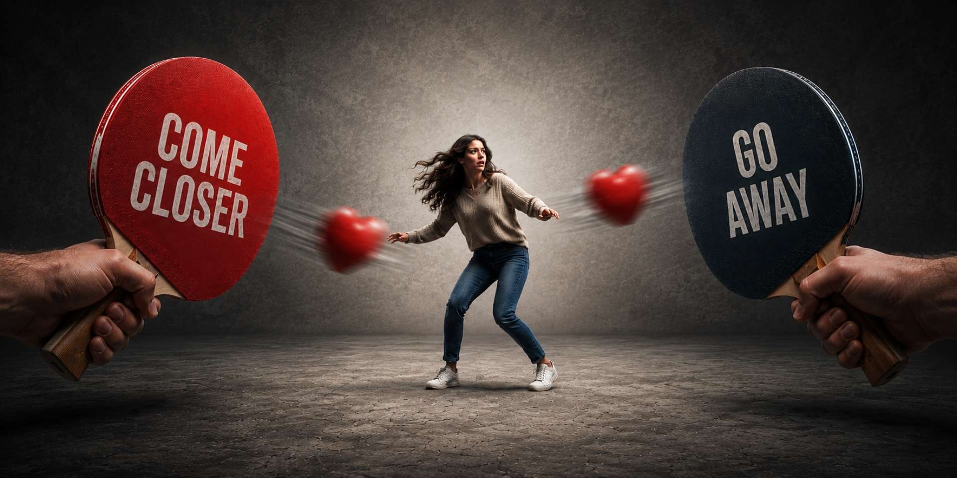 Woman caught between 2 ping-pong paddles.